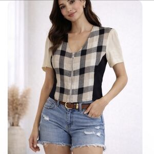 Vintage Michael Taylor Plaid Zip Vest Top Black Beige Tailored Chic Summer L